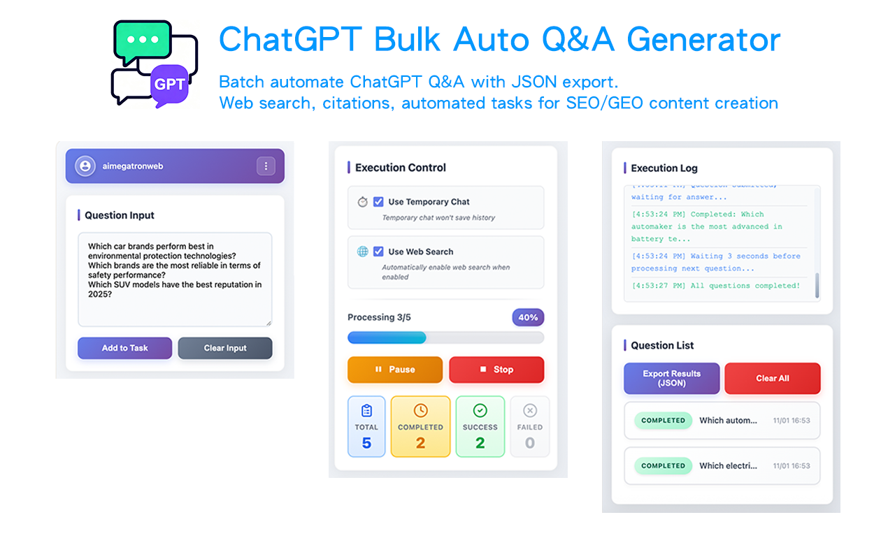 ChatGPT Bulk Q&A Generator Interface Screenshot - Showing batch question import, progress tracking, and JSON export features